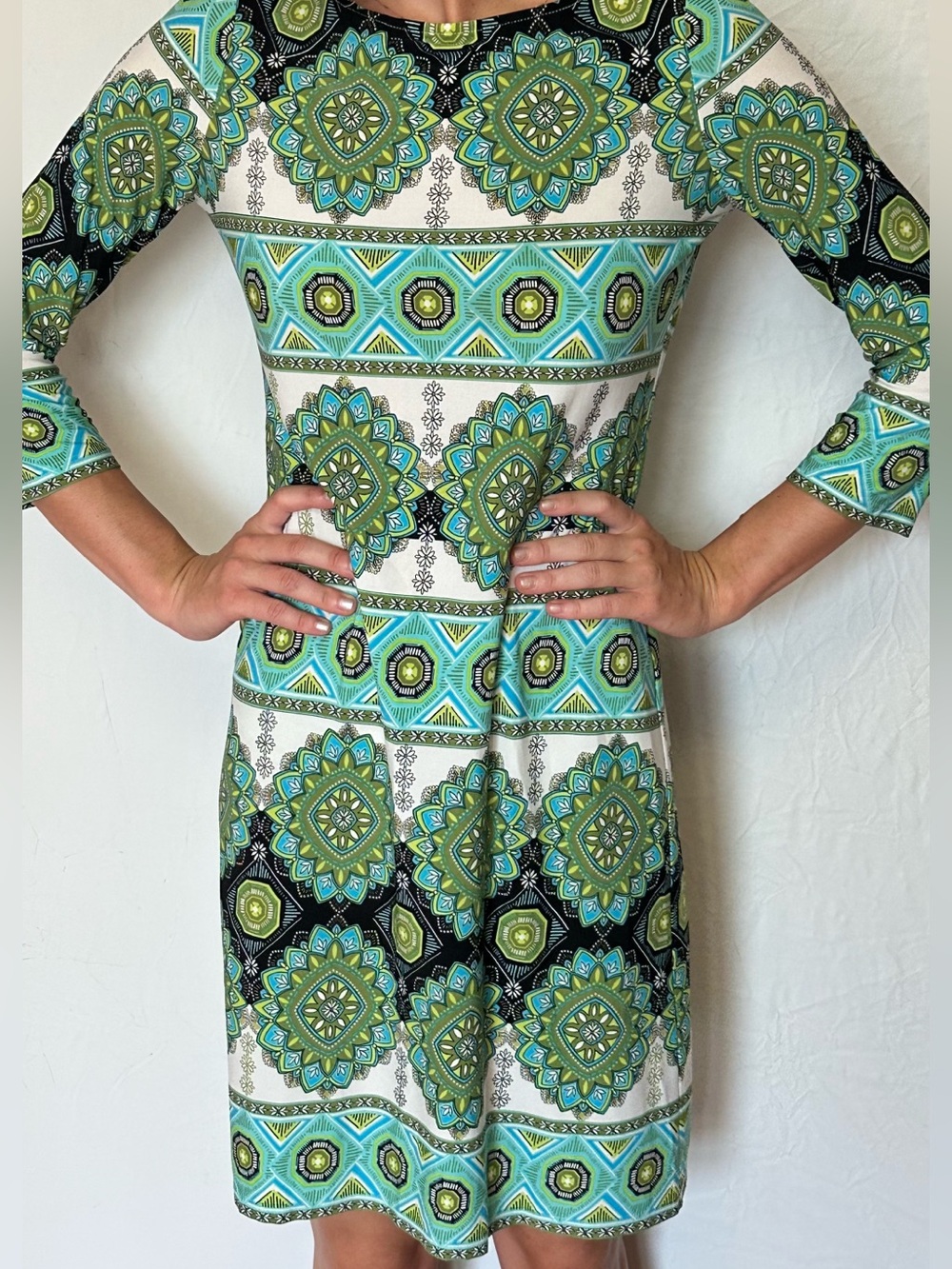 London Times Teal, Green and Black Geometric Midi Dress